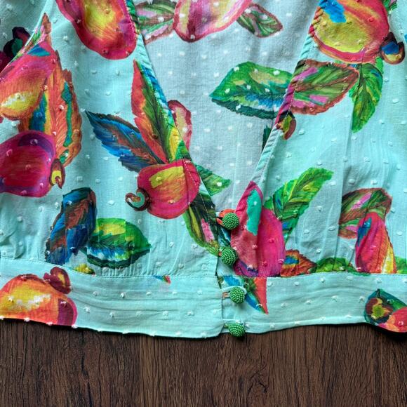 Farm Rio Cropped Blouse Fruit Print Beaded Sleeve Tie Top XS - Picture 9 of 11